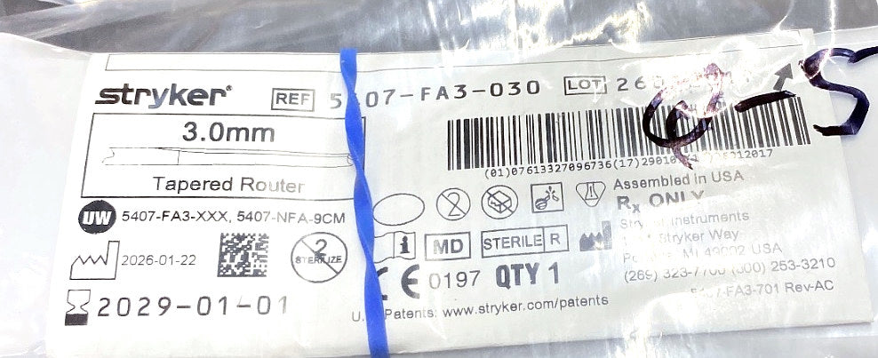 5407-FA3-030 - STRYKER - 3.0mm Tapered Router, (EA/1)