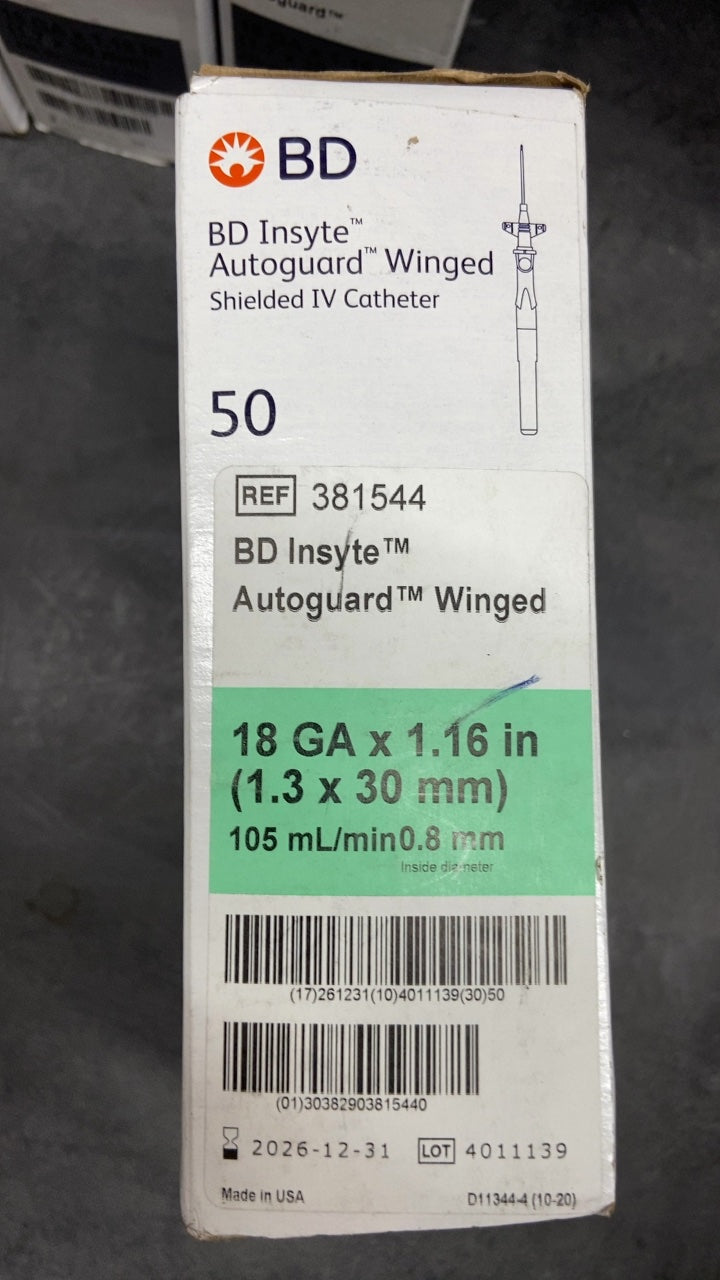 381544 - BD - BD Insyte Autoguard Winged Shielded IV Catheter 18 GA x 1.16 in (1.3 x 30 mm), (BX/50)