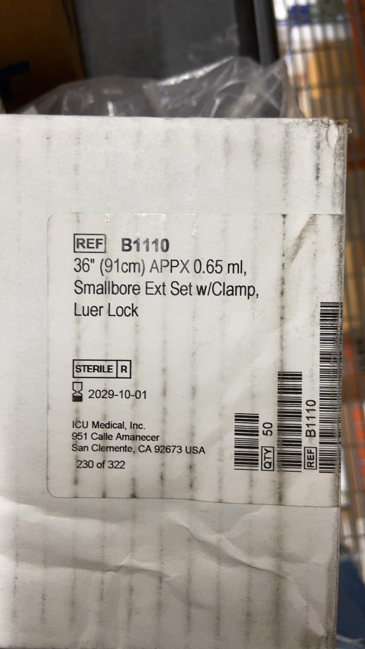 B1110 - ICU MEDICAL - 36" (91cm) APPX 0.65 ml, Smallbore Ext Set w/Clamp, Luer Lock, (BX/50)