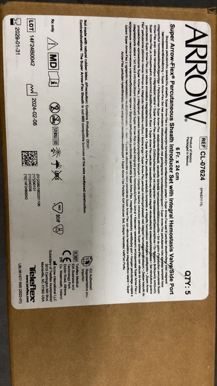 CL-07694 - TELEFLEX - Super ArrowFlex® percutaneous sheath 6 Fr x 14cm with Integral Hemostasis Valve Port, (BX/5)