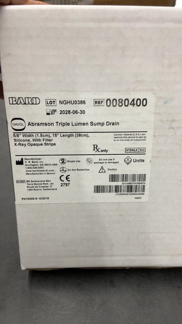 80400 - BARD - Abramson Triple Lumen Sump Drain, 5/8" Width (1.5cm), 15" Length (38cm), Silicone, With Filter, X-Ray Opaque Stripe, (BX/5)