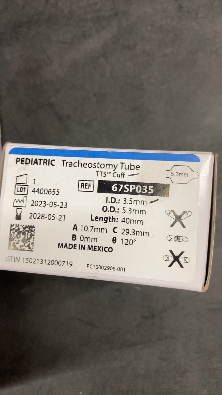 67SP035 - SMITHS MEDICAL - Pediatric Trach Tubes W/Straight Neck Flange - Tracheostomy Tube, Cuffed, Tight-to-Shaft, Pediatric, 3.5 mm, (BX/1)