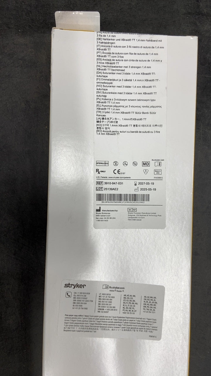 3910-947-031 - STRYKER - AlphaVent PEEK Suture Anchor with Three Strands of 1.4 mm XBraid TT, 4.75 mm Size, (BX/1)