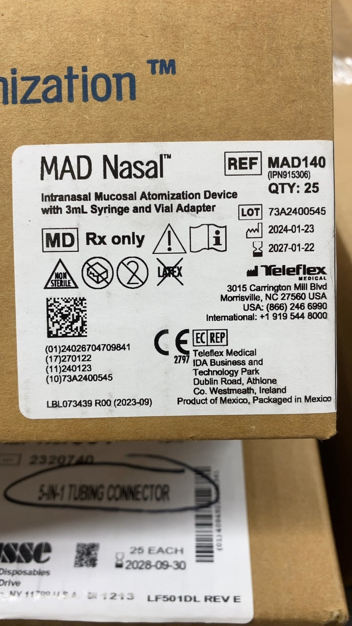 MAD140 - TELEFLEX - MAD Nasal Intranasal Mucosal Atomization Device with 3mL Syringe and Vial Adapter, (BX/25)