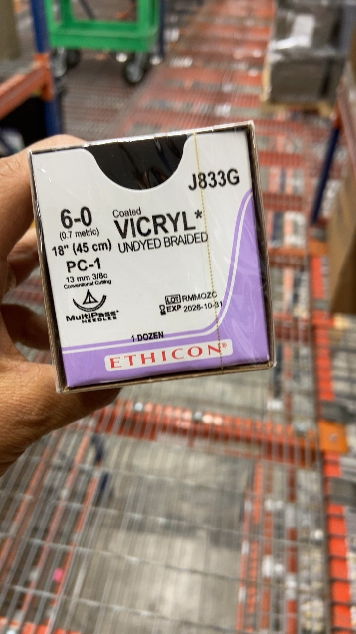 J833G - ETHICON - Coated Vicryl Absorbable Braided Polyglactin 910 Suture, Size 6-0, 18 in. Length, PC-1 Needle, (BX/12)
