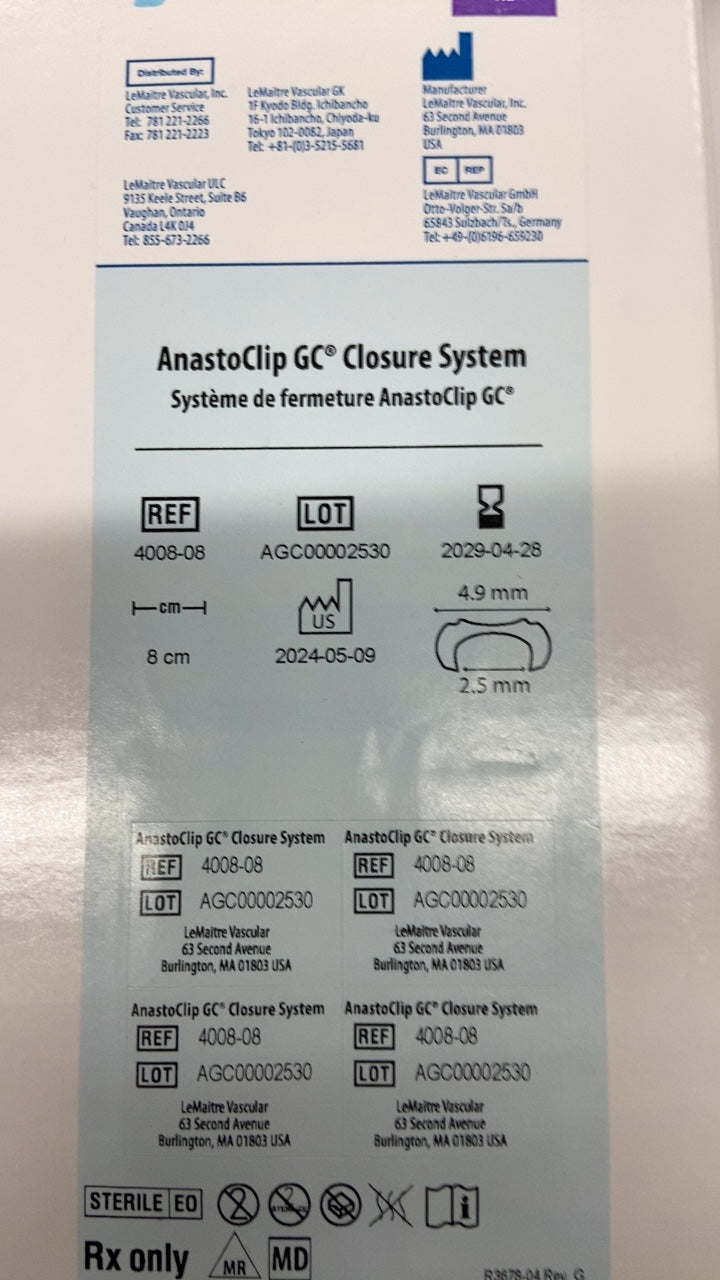 Fri Aug 01 4008 00:00:00 GMT-0500 (Central Daylight Time) - LEMAITRE VASCULAR - AnastoClip GC Closure System, XL, 2.5 mm Size, (BX/1)