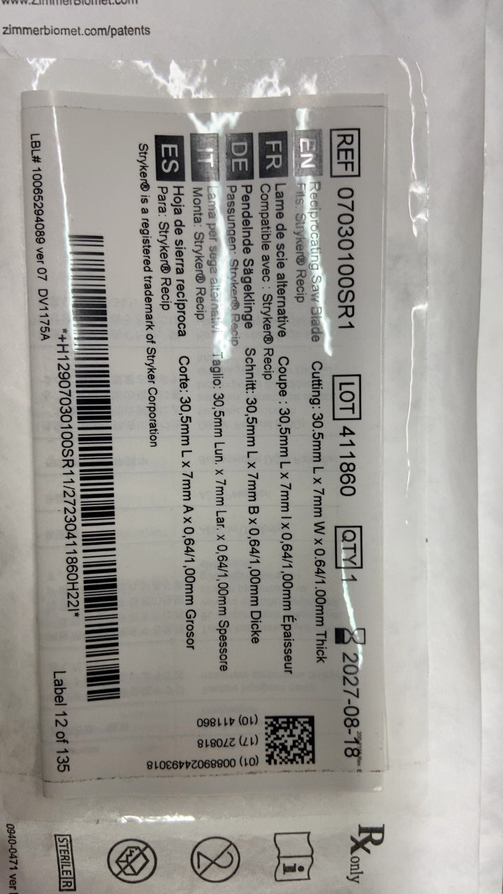 07030100SR1 - ZIMMER - EN Reciprocating Saw Blade, (EA/1)