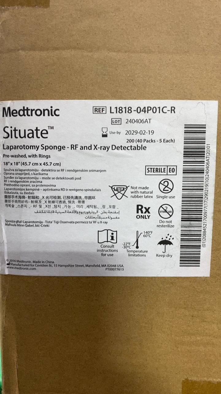 L1818-04P01C-R - MEDTRONIC - Situate Laparotomy Sponge - RF and X-ray Detectable, Pre-washed, with Rings, 18" x 18" (45.7 cm x 45.7 cm), (CS/200)