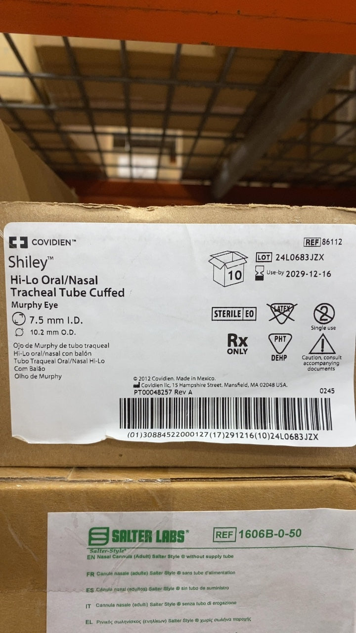 86112 - COVIDIEN - Shiley Hi-Lo Oral/Nasal Tracheal Tube Cuffed Murphy Eye 7.5 mm I.D., (BX/10)