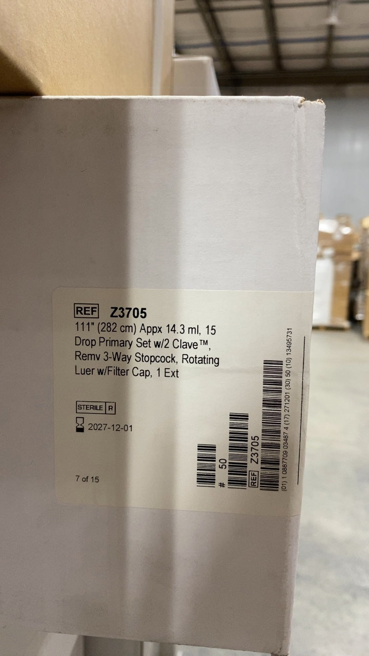 Z3705 - ICU MEDICAL - 111" (282 cm) Appx 14.3 ml, 15 Drop Primary Set w/2 Clave™, Remv 3-Way Stopcock, Rotating Luer w/Filter Cap, 1 Ext, (BX/50)