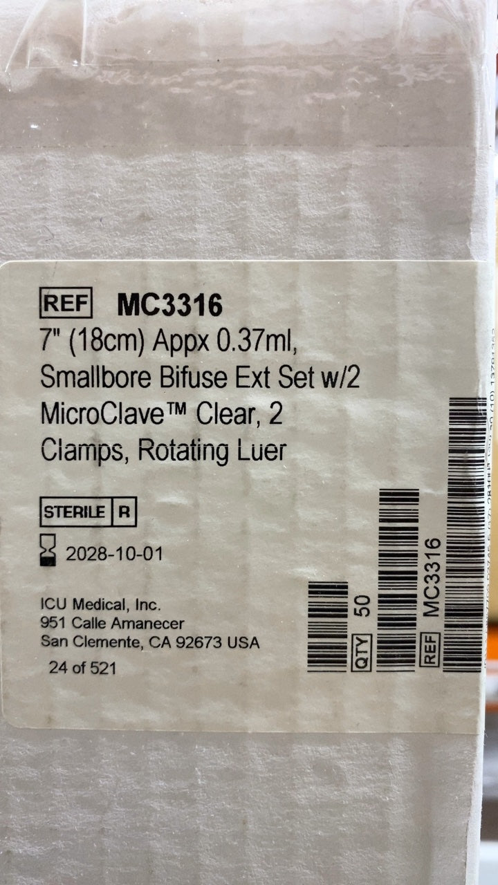 MC3316 - ICU MEDICAL - 7" (18cm) Appx 0.37ml, Smallbore Bifuse Ext Set w/2 MicroClave™ Clear, 2 Clamps, Rotating Luer, (BX/50)
