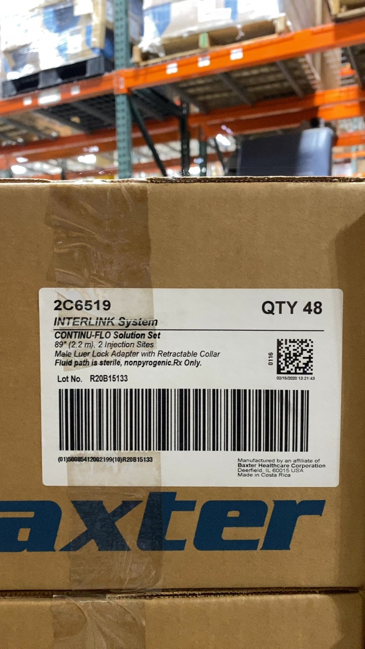 2C6519 - BAXTER - CONTINU-FLO Solution Set 89" (2.2 m), 2 Injection Sites Male Luer Lock Adapter with Retractable Collar Fluid path is sterile, nonpyrogenic Rx Only, (BX/48)