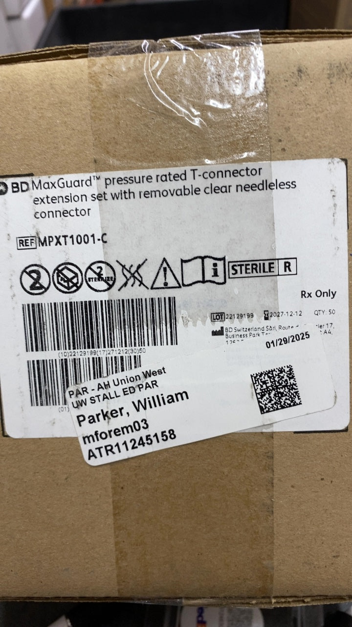 MPXT1001-C - BD - BD MaxGuard pressure rated T-connector extension set with removable clear needleless connector, (CS/50)