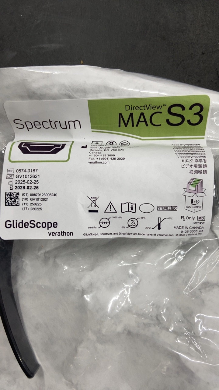 0574-0187 - VERATHON MEDICAL - GlideScope Spectrum MAC S3 Video Laryngoscope, 14.6 mm Height at the Handle, 11.7 mm Height at the Camera, (EA/1)