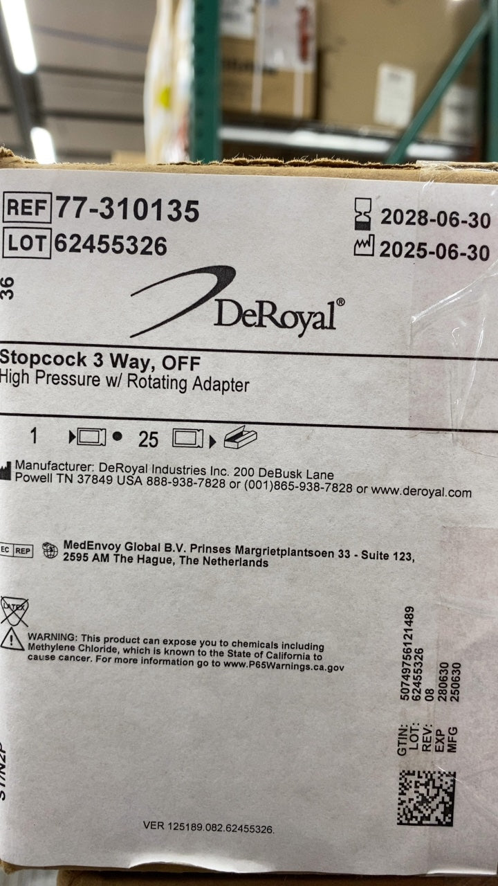 77-310135 - DEROYAL - Stopcock 3 Way, OFF High Pressure w/ Rotating Adapter, (BX/25)
