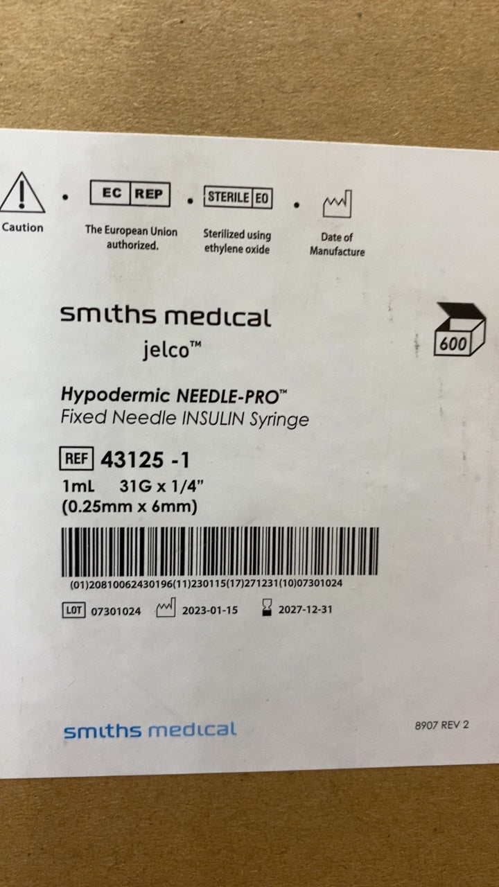 43125-1 - SMITHS MEDICAL - Hypodermic NEEDLE-PRO Fixed Needle INSULIN Syringe 1mL 31G x 1/4" (0.25mm x 6mm), (CS/600)
