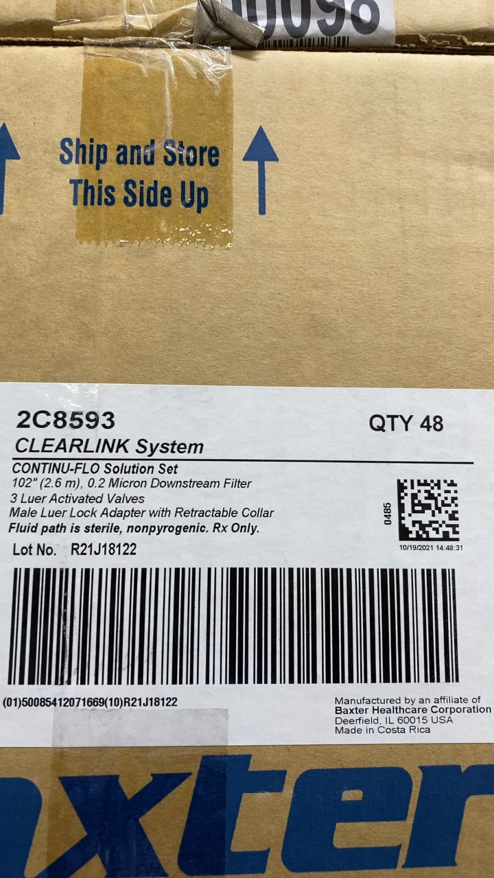 2C8593 - BAXTER - CLEARLINK System CONTINU-FLO Solution Set 102" (2.6 m), 0.2 Micron Downstream Filter, 3 Luer Activated Valves, Male Luer Lock Adapter with Retractable Collar, (CS/48)