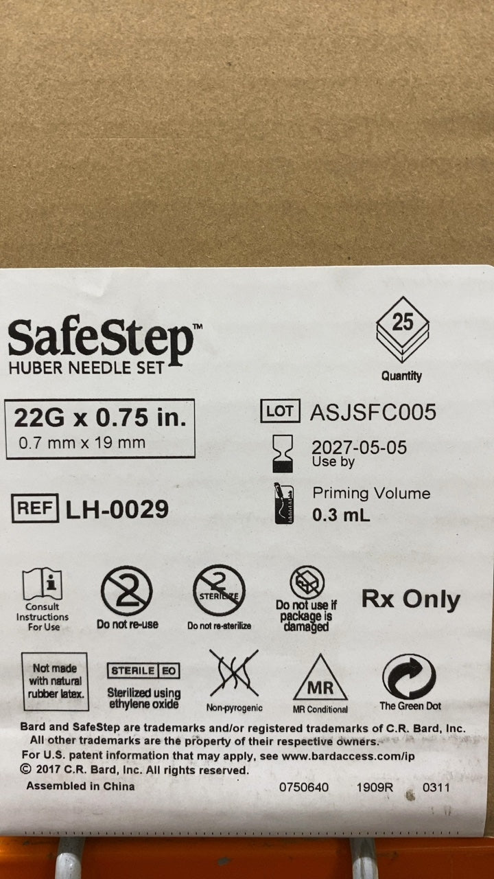 LH-0029 - BARD - SafeStep Huber Needle Set 22G x 0.75 in. (0.7 mm x 19 mm), (BX/25)