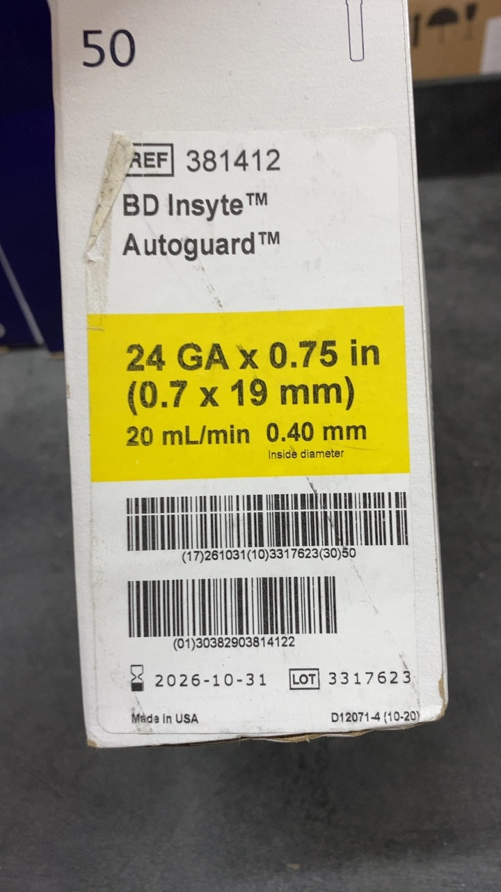381412 - BD - BD Insyte Autoguard Shielded IV Catheter, 24 GA x 0.75 in (0.7 x 19 mm), (BX/50)