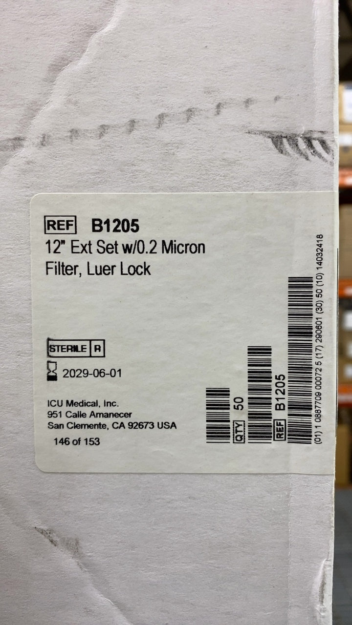 B1205 - ICU MEDICAL - 12" Ext Set w/0.2 Micron Filter, Luer Lock, (BX/50)