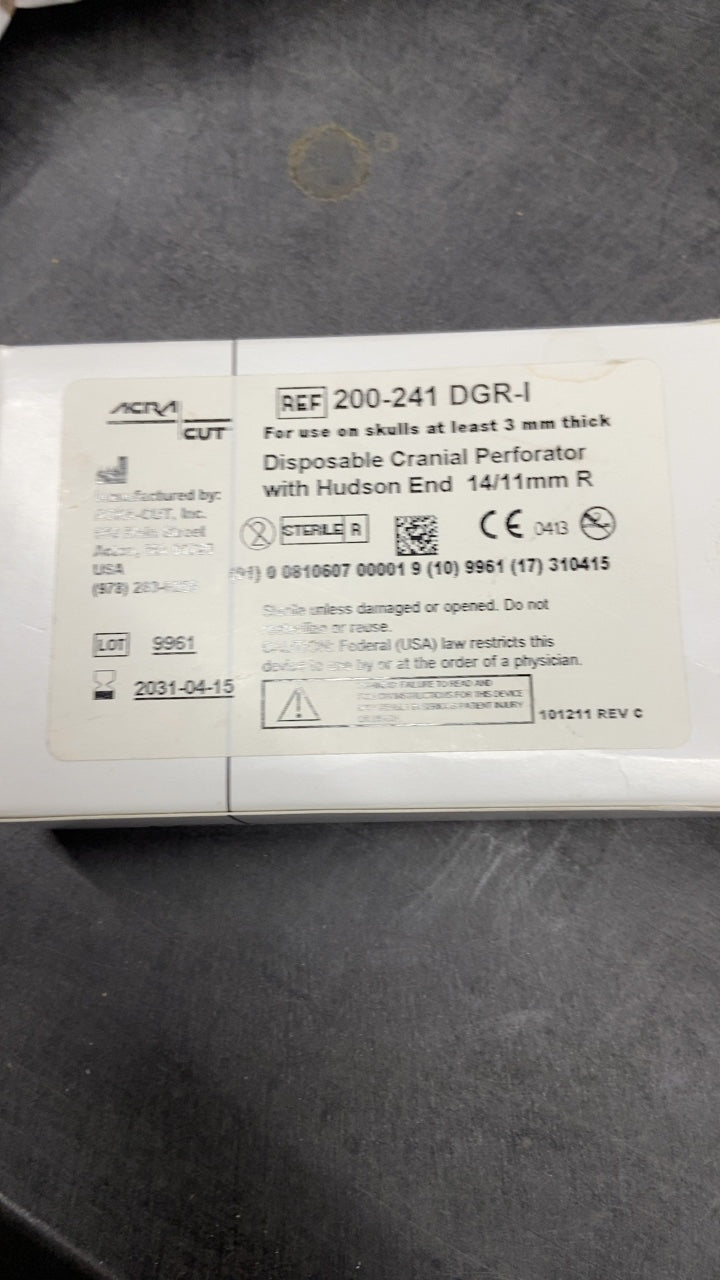 200-241 DGR-I - ACRA-CUT - Disposable Cranial Perforator with Hudson End 14/11mm R, (BX/1)