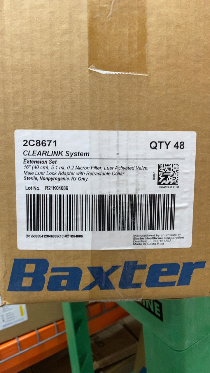 2C8671 - BAXTER - CLEARLINK System Extension Tubing Set, 16" (40 cm), 5.1 mL 0.2 Micron Filter, Luer Activated Valve, Male Luer Lock Adapter with Retractable Collar, (BX/48)