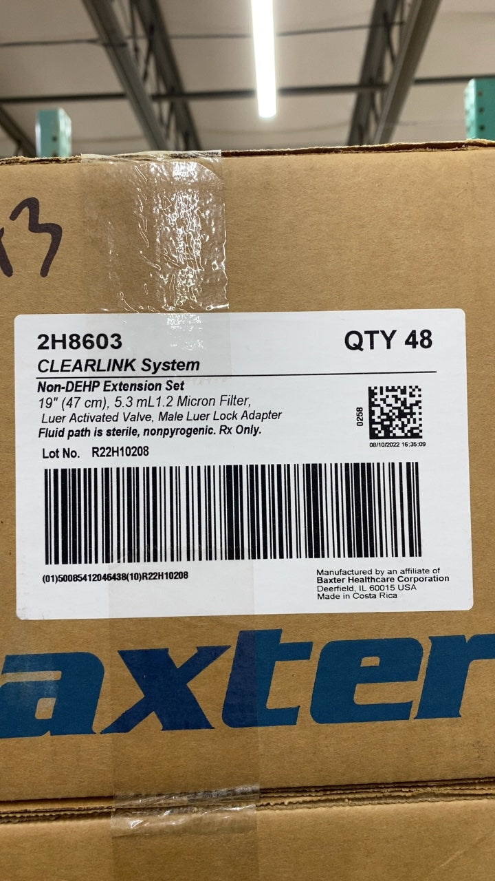 2H8603 - BAXTER - CLEARLINK System Non-DEHP Extension Set 19" (47 cm), 5.3 mL 1.2 Micron Filter Luer Activated Valve, Male Luer Lock Adapter, (BX/48)