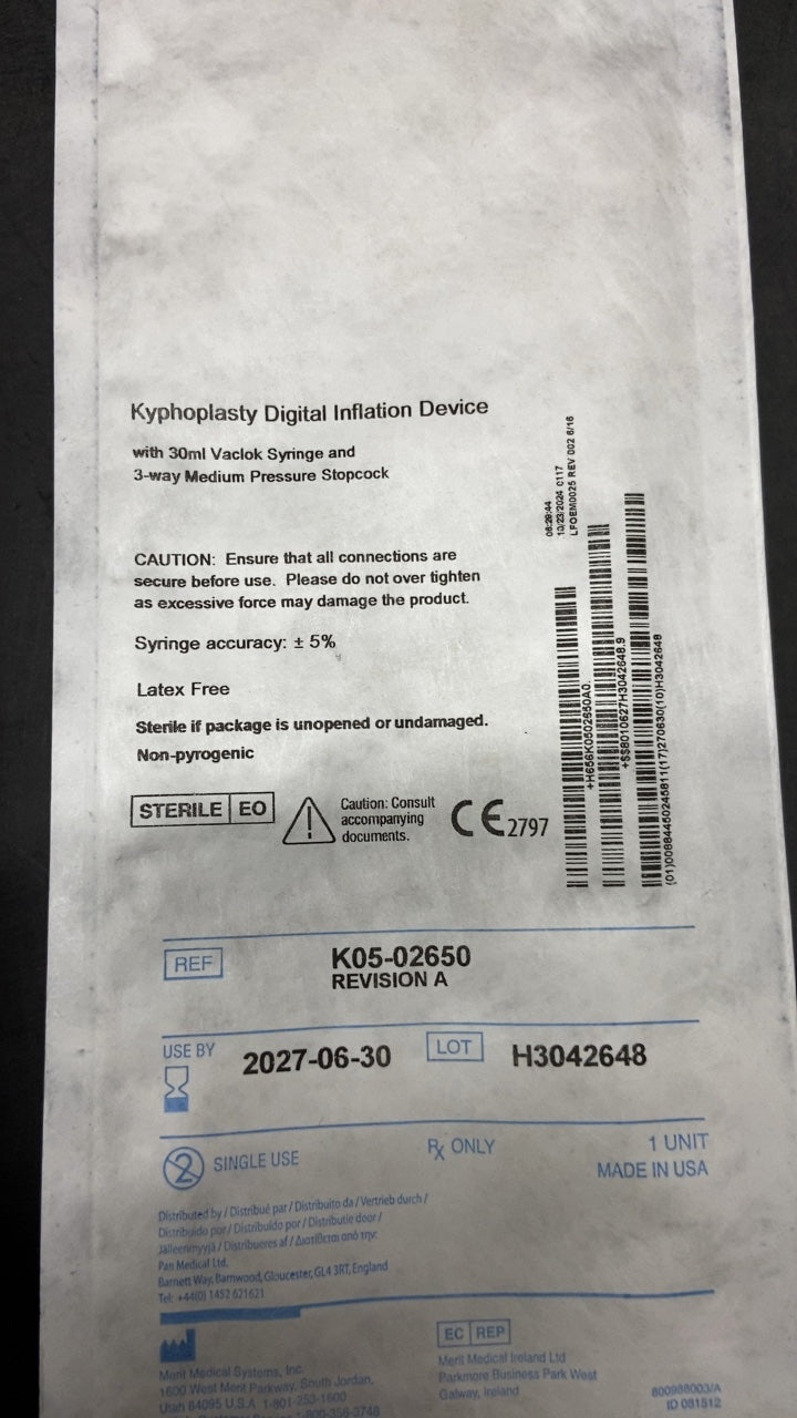 K05-02650 - MERIT MEDICAL - Kyphoplasty Digital Inflation Device with 30ml Vaclok Syringe and 3-way Medium Pressure Stopcock, (EA/1)