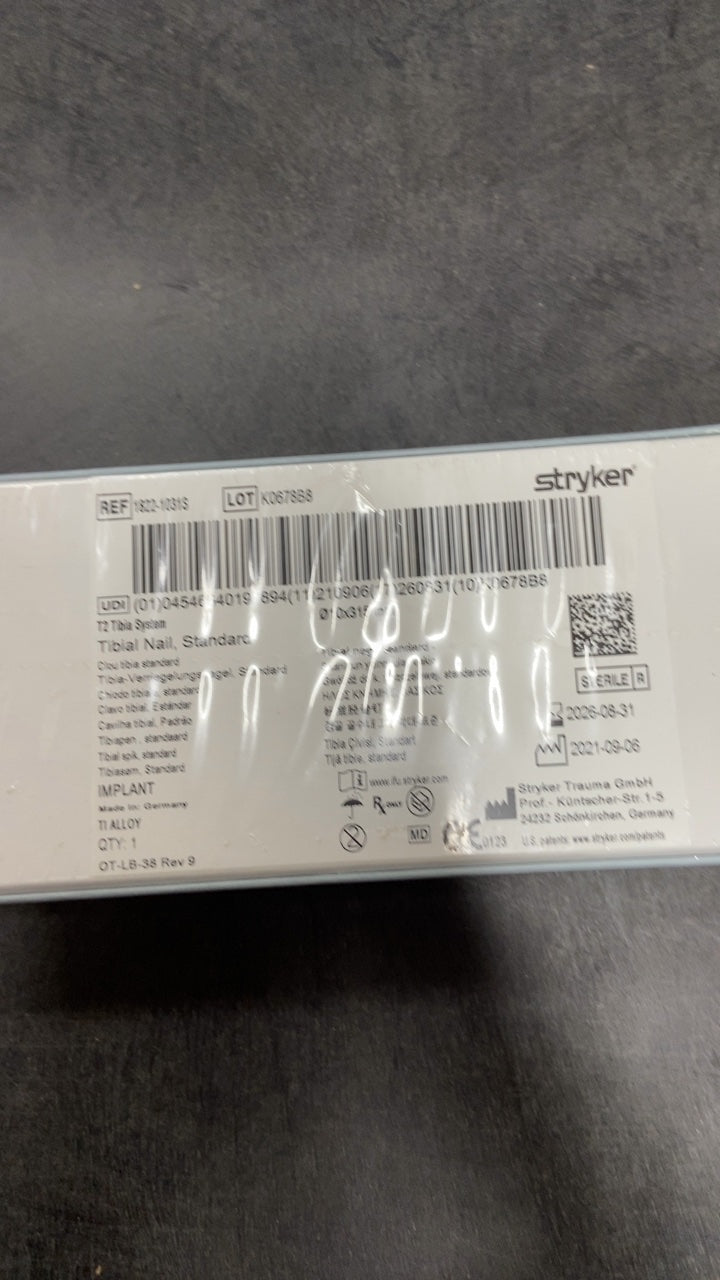 1822-1031S - STRYKER - T2 Ti6AL4V Standard Tibial Nail, 10 dia. x 315 mm Length, (BX/1)