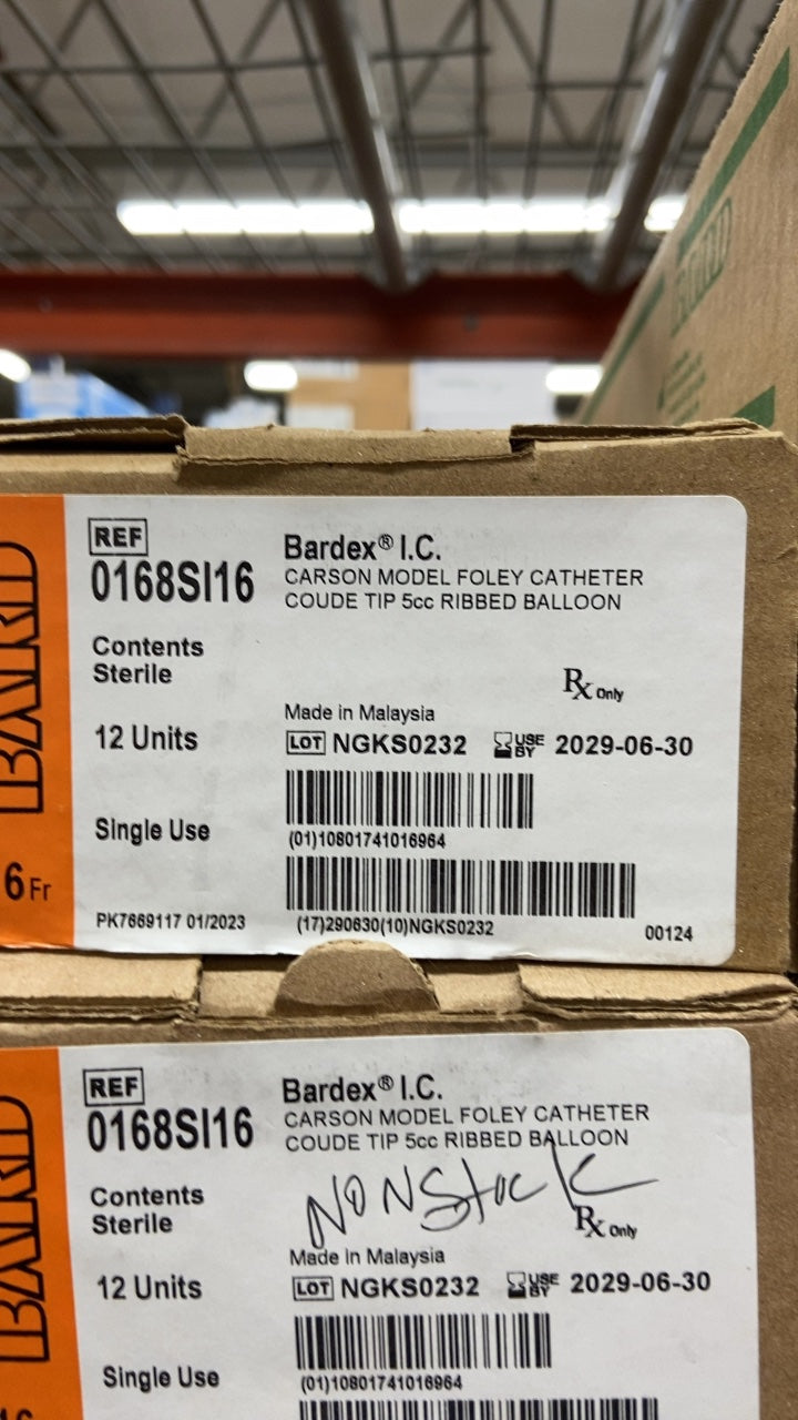 0168SI16 - BARD - Bardex I.C. CARSON MODEL FOLEY CATHETER COUDE TIP 5cc RIBBED BALLOON, (BX/12)