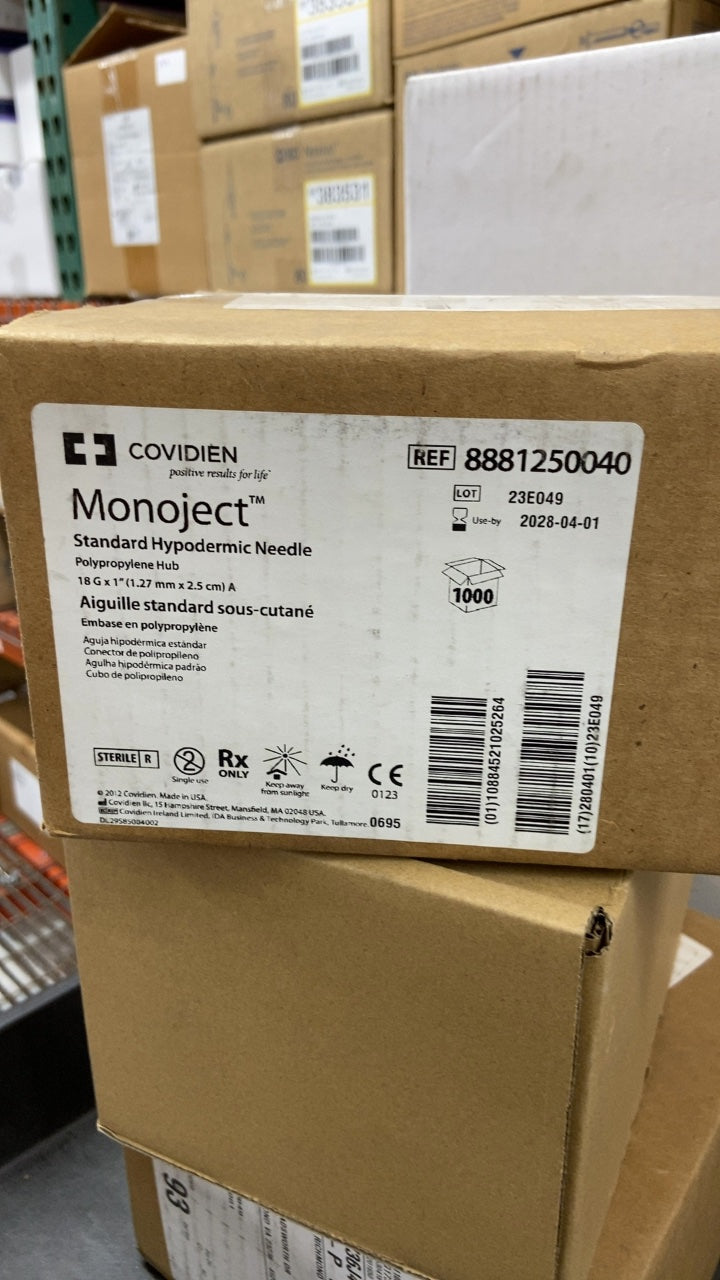 8881250040 - COVIDIEN - Monoject Standard Hypodermic Needle, Polypropylene Hub, 18 G x 1" (1.27 mm x 2.5 cm), (CS/1000)