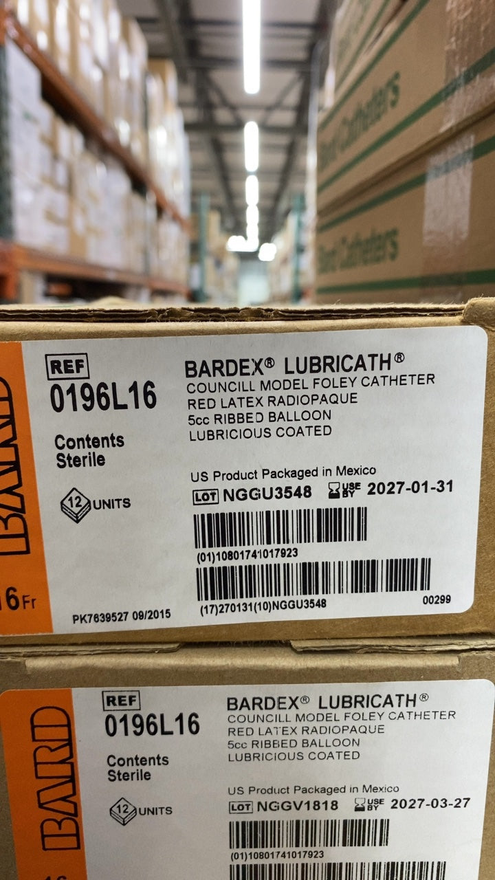 0196L16 - BARD - BARDEX LUBRICATH COUNCILL MODEL FOLEY CATHETER RED LATEX RADIOPAQUE 5cc RIBBED BALLOON LUBRICIOUS COATED, (BX/12)