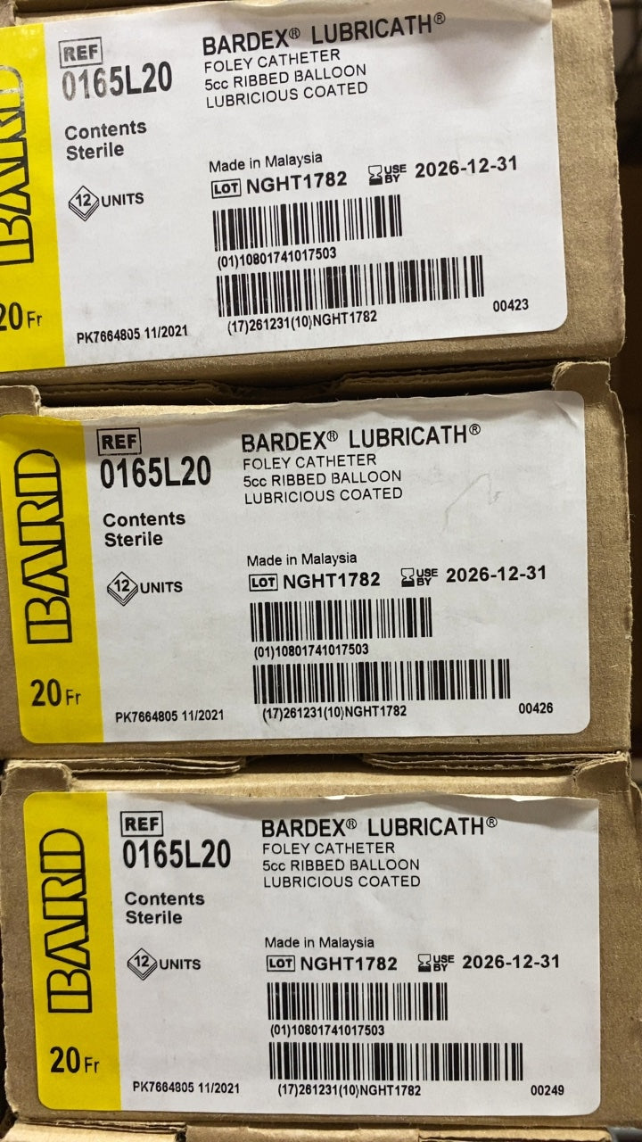 0165L20 - BARD - BARDEX LUBRICATH FOLEY CATHETER 5cc RIBBED BALLOON LUBRICIOUS COATED, (CS/12)