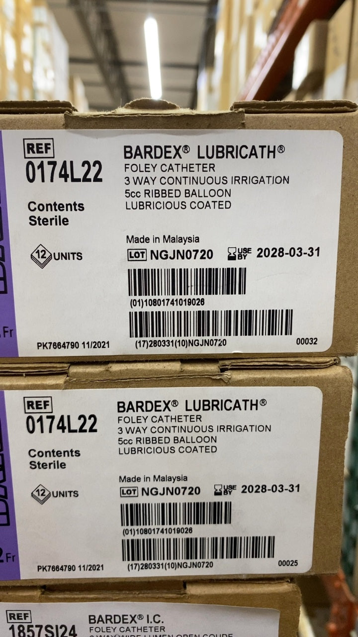 0174L22 - BARD - BARDEX LUBRICATH FOLEY CATHETER 3 WAY CONTINUOUS IRRIGATION 5cc RIBBED BALLOON LUBRICOUS COATED, (BX/12)