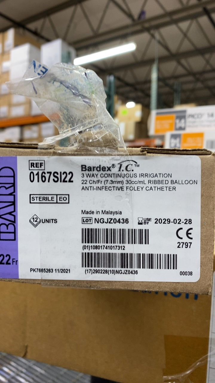 0167SI22 - BARD - Bardex I.C. 3 WAY CONTINUOUS IRRIGATION 22 Ch/Fr (7.3mm) 30cc/mL RIBBED BALLOON ANTI-INFECTIVE FOLEY CATHETER, (BX/12)