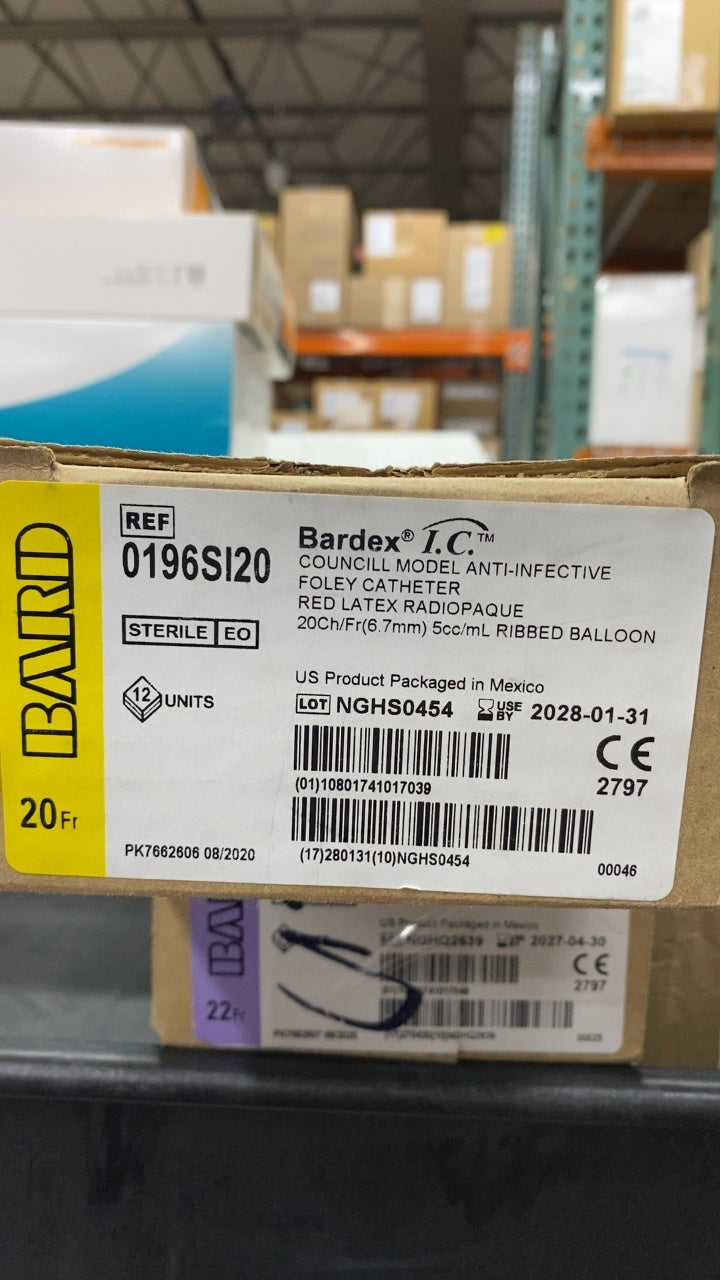 0196SI20 - BARD - Bardex I.C. Councill Model Anti-Infective Foley Catheter Red Latex Radiopaque 20Ch/Fr(6.7mm) 5cc/mL Ribbed Balloon, (CS/12)