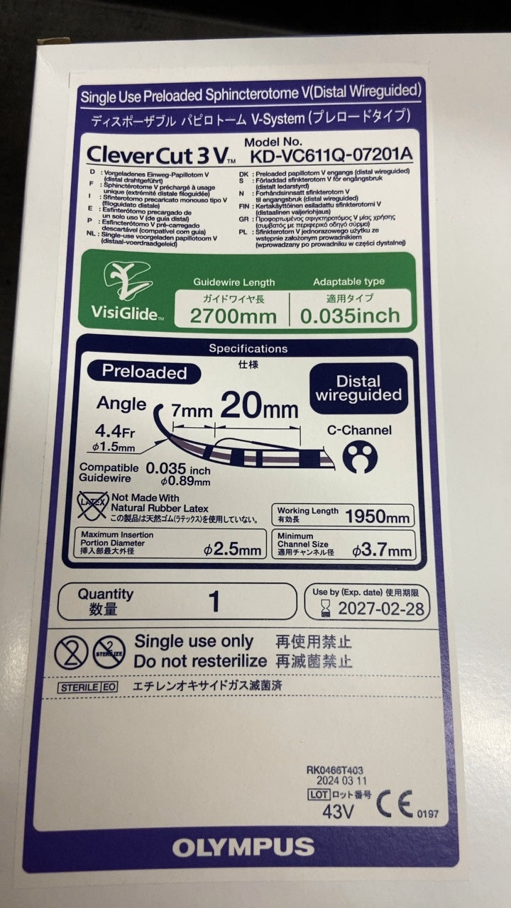 KD-VC611Q-07201A - OLYMPUS - Single Use Preloaded Sphincterotome V(Distal Wireguided) CleverCut 3V, (BX/1)