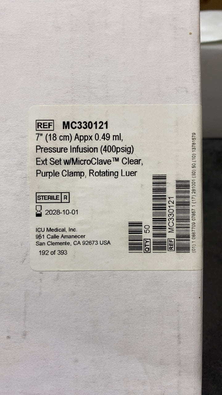 MC330121 - ICU MEDICAL - 7" (18 cm) Appx 0.49 ml, Pressure Infusion (400psig) Ext Set w/MicroClave™ Clear, Purple Clamp, Rotating Luer, (BX/50)