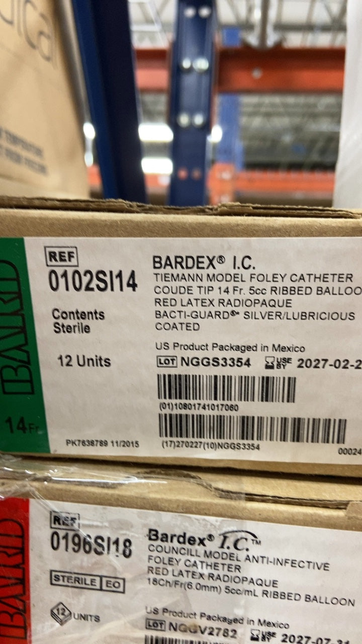 0102SI14 - BARD - BARDEX LC TIEMANN MODEL FOLEY CATHETER COUDE TIP 14 Fr. Scc RIBBED BALLOON RED LATEX RADIOPAQUE BACTI-GUARD SILVER/LUBRICIOUS COATED, (BX/12)