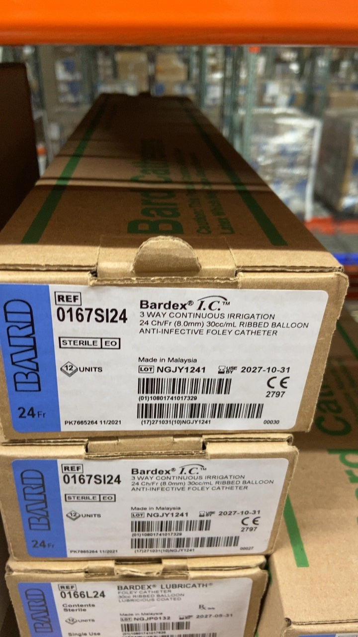 0167SI24 - BARD - Bardex I.C. 3 WAY CONTINUOUS IRRIGATION 24 Ch/Fr (8.0mm) 30cc/mL RIBBED BALLOON ANTI-INFECTIVE FOLEY CATHETER, (CS/12)
