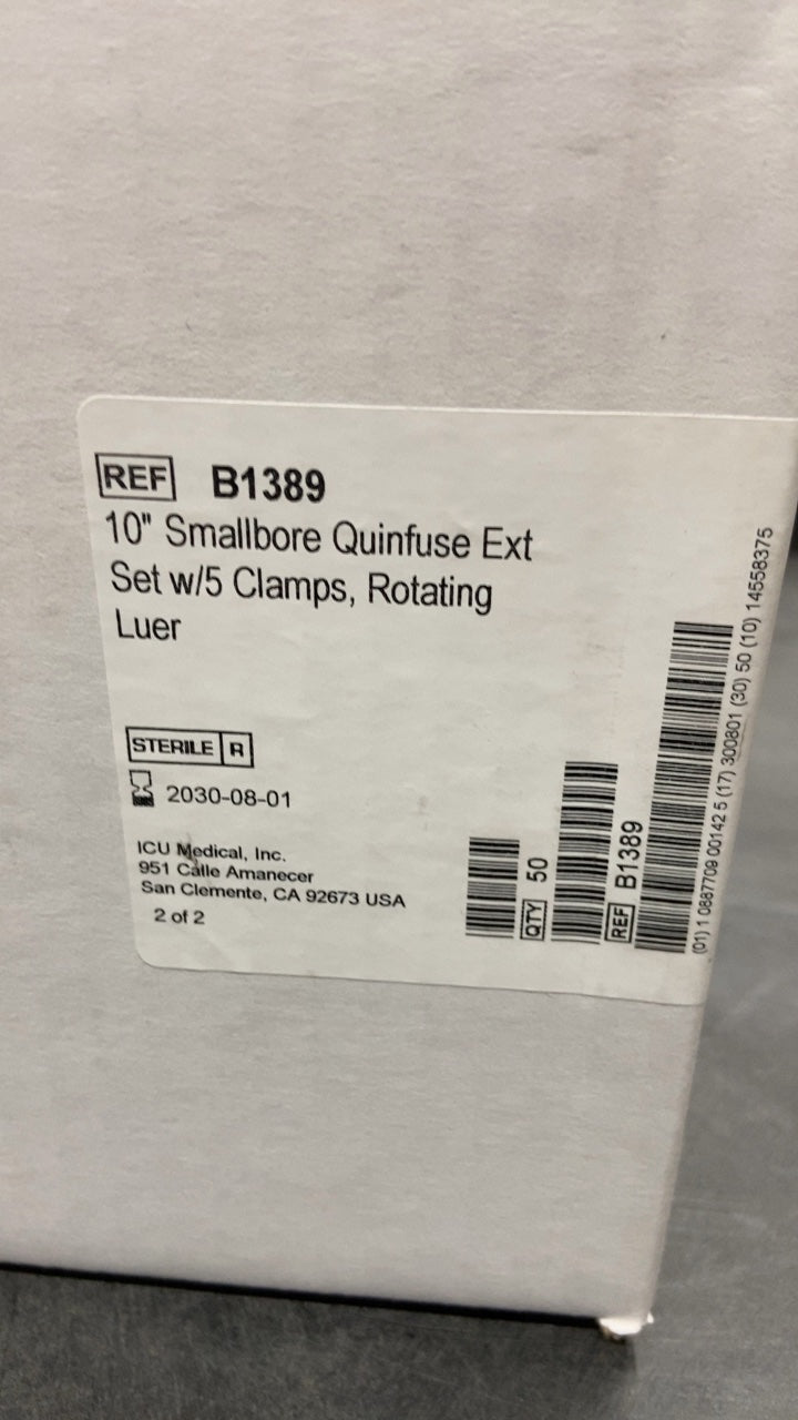 B1389 - ICU MEDICAL - 10" Smallbore Quinfuse Ext Set w/5 Clamps, Rotating Luer, (BX/50)
