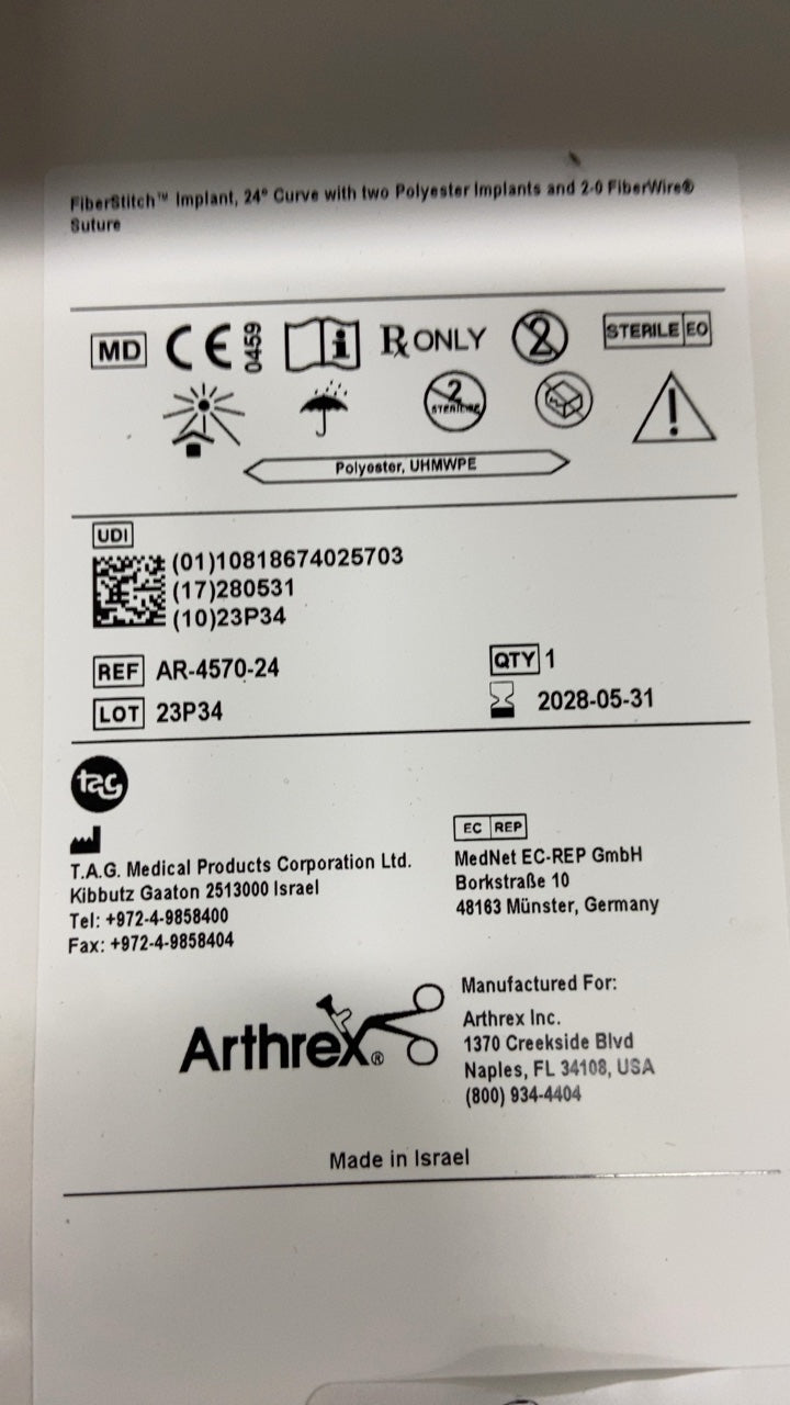 AR-4570-24 - T.A.G. MEDICAL - FiberStitch™ Implant, 24° Curve with two Polyester Implants and 2-0 FiberWire® Suture, (BX/1)