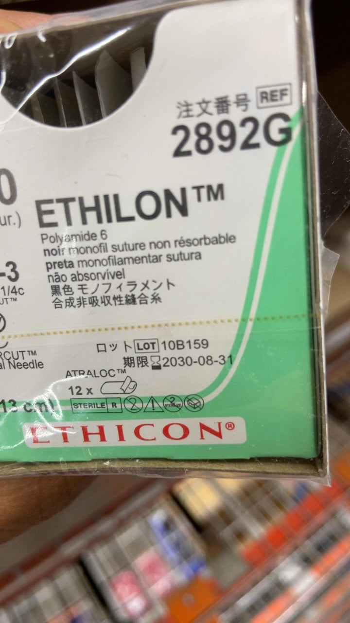 2892G - ETHICON - Ethilon Non-Absorbable Monofilament Nylon Suture, Size 10-0, 5 in. Length, V75-3 Needle, (BX/12)