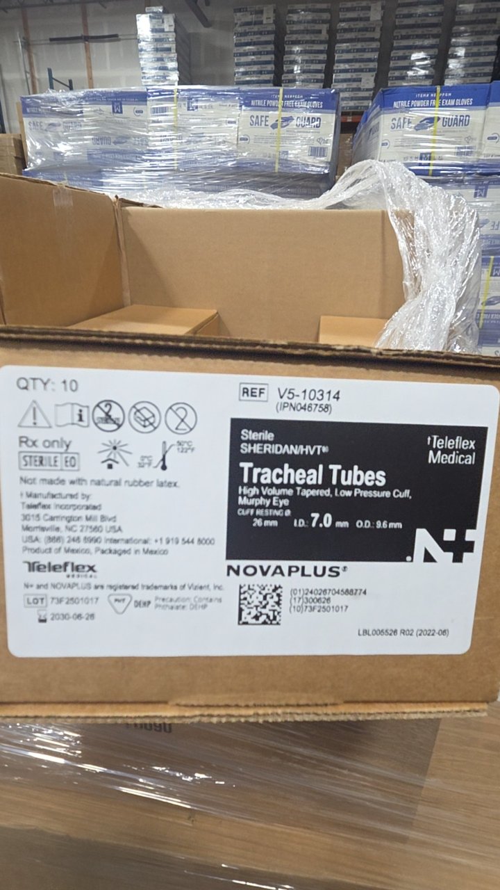 V5-10314 - TELEFLEX - SHERIDANHVT® Tracheal Tubes High Volume Tapered, Low Pressure Cuff, Murphy Eye, Cuff Resting @ 28 mm ID. 7.0 mm OD. 9.6 mm, (BX/10)