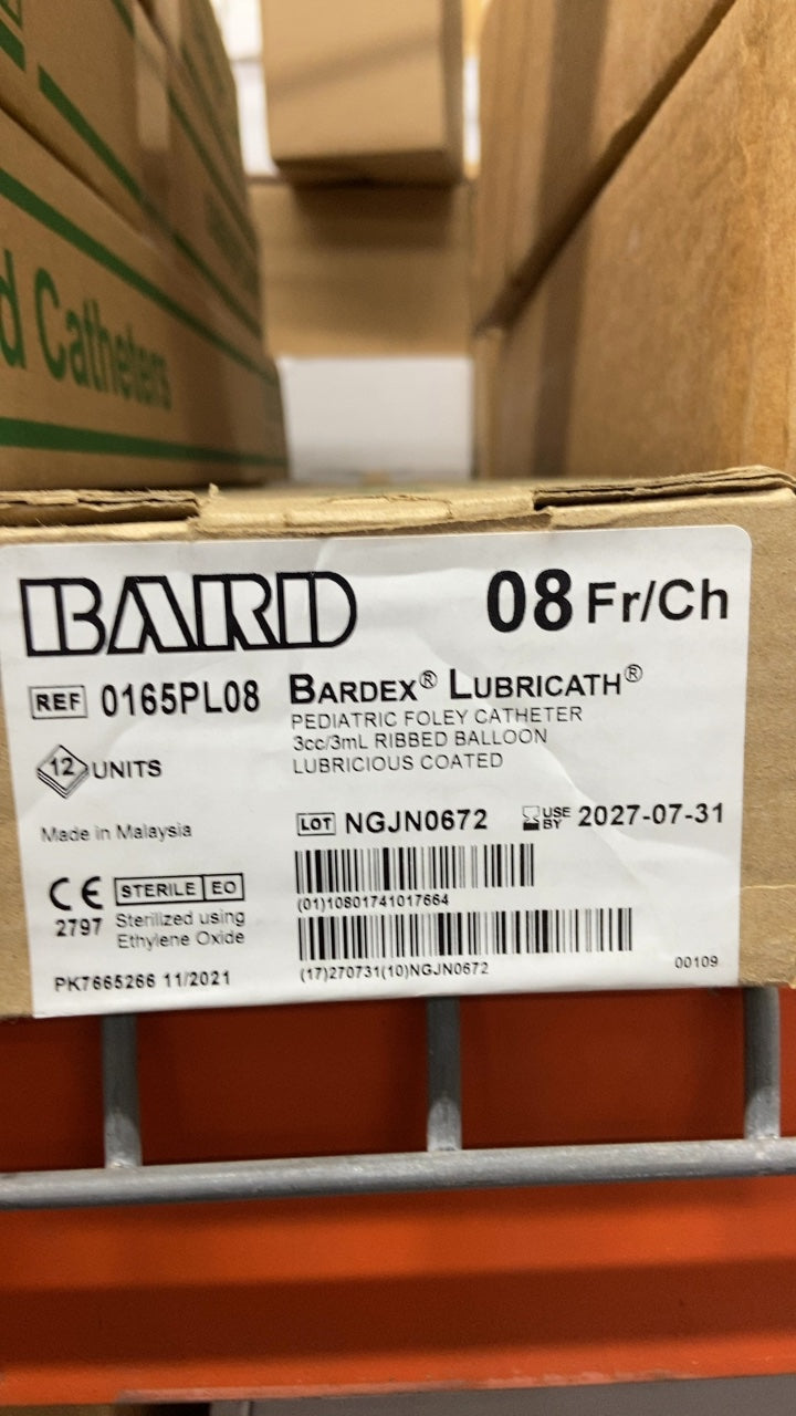 0165PL08 - BARD - BARDEX LUBRICATH PEDIATRIC FOLEY CATHETER 3cc 3mL RIBBED BALLOON LUBRICIOUS COATED, (BX/12)