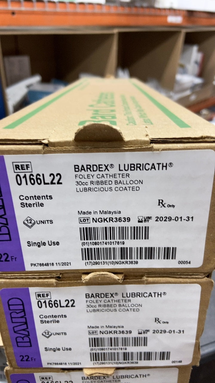 0166L22 - BARD - BARDEX® LUBRICATH® FOLEY CATHETER 30cc RIBBED BALLOON LUBRICIOUS COATED, (BX/12)