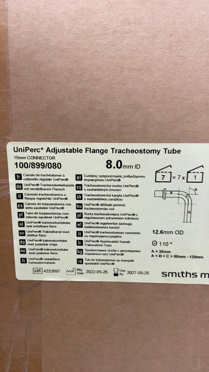100/899/080 - SMITHS MEDICAL - UniPerc Adjustable Flange Tracheostomy Tube 15mm CONNECTOR 8.0mm ID, (CS/7)