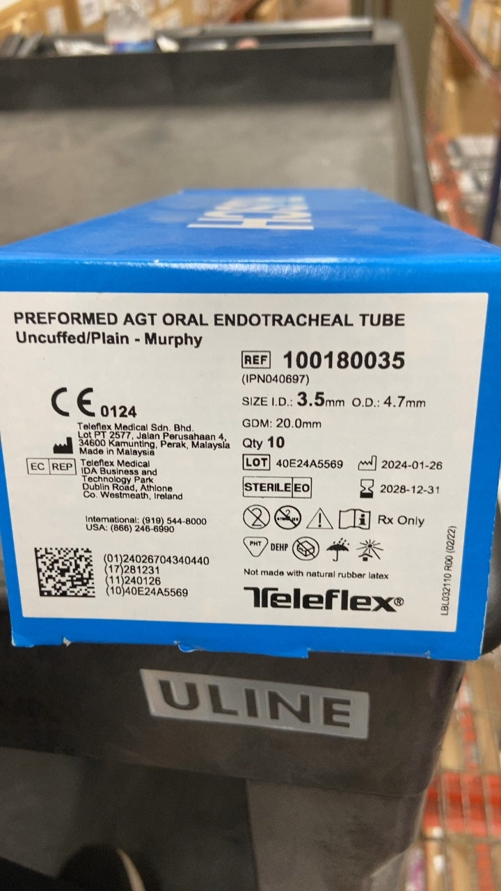 100180035 - TELEFLEX - PREFORMED AGT ORAL ENDOTRACHEAL TUBE Uncuffed/Plain - Murphy, (BX/10)
