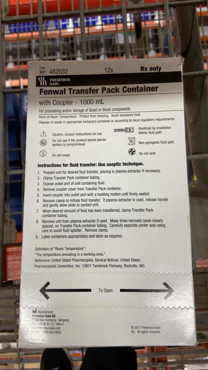 4R2032 - FRESENIUS - Fenwal Transfer Pack Container with Coupler - 1000 mL, (BX/12)