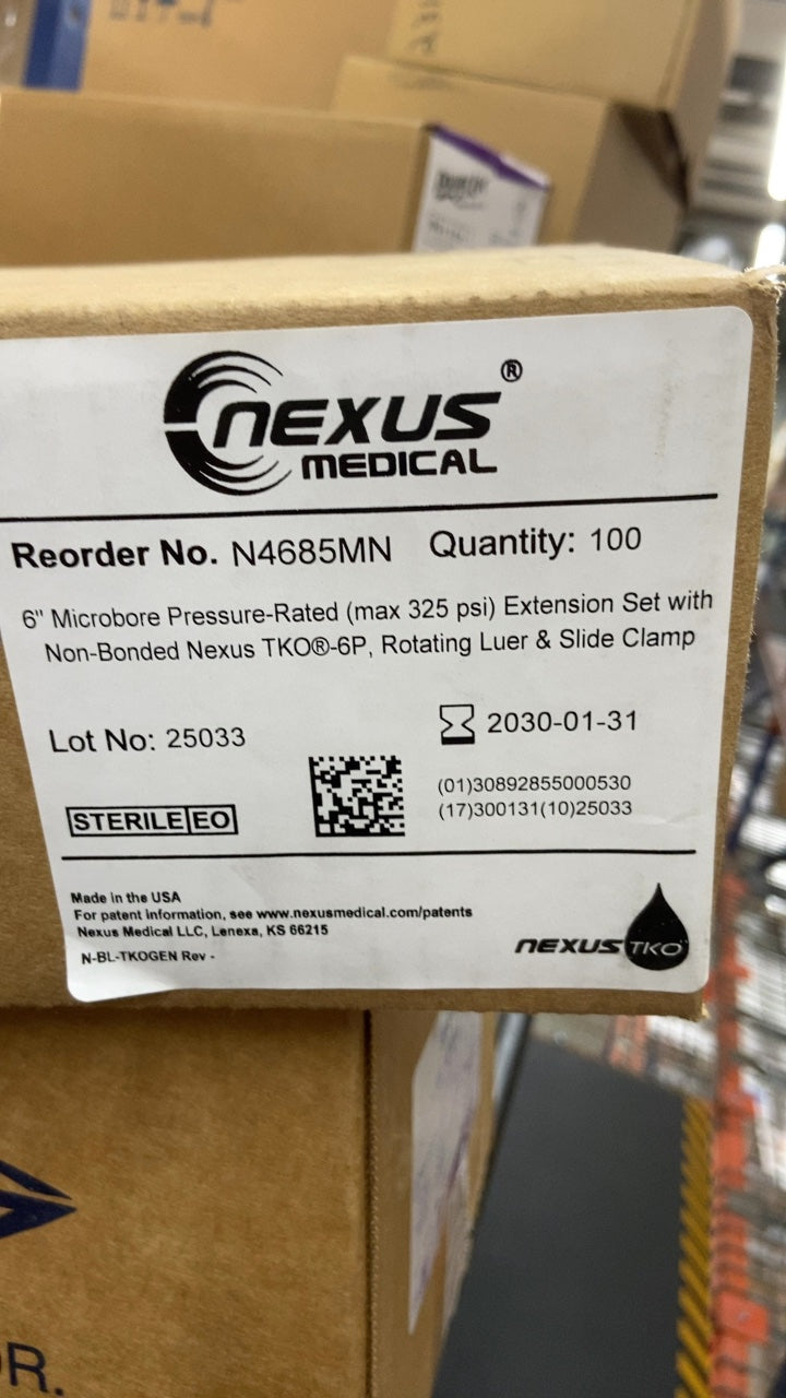 N4685MN - NEXUS MEDICAL - 6" Microbore Pressure-Rated (max 325 psi) Extension Set with Non-Bonded Nexus TKO®-6P, Rotating Luer & Slide Clamp, (BX/100)